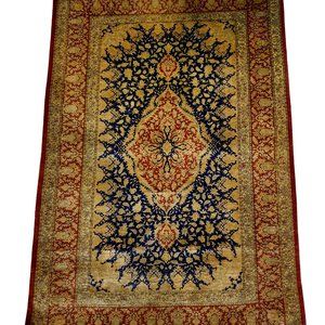 Exquisite Persian Qum Area Rug Exotic Beige Blue 4x3 168 KPSI 100% Silk FloorRug